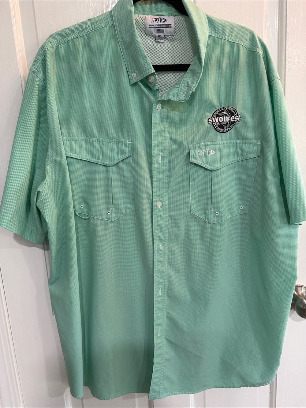 AFTCO Mint Green Short-Sleeve Button-Down Shirt with Swollfest Patch